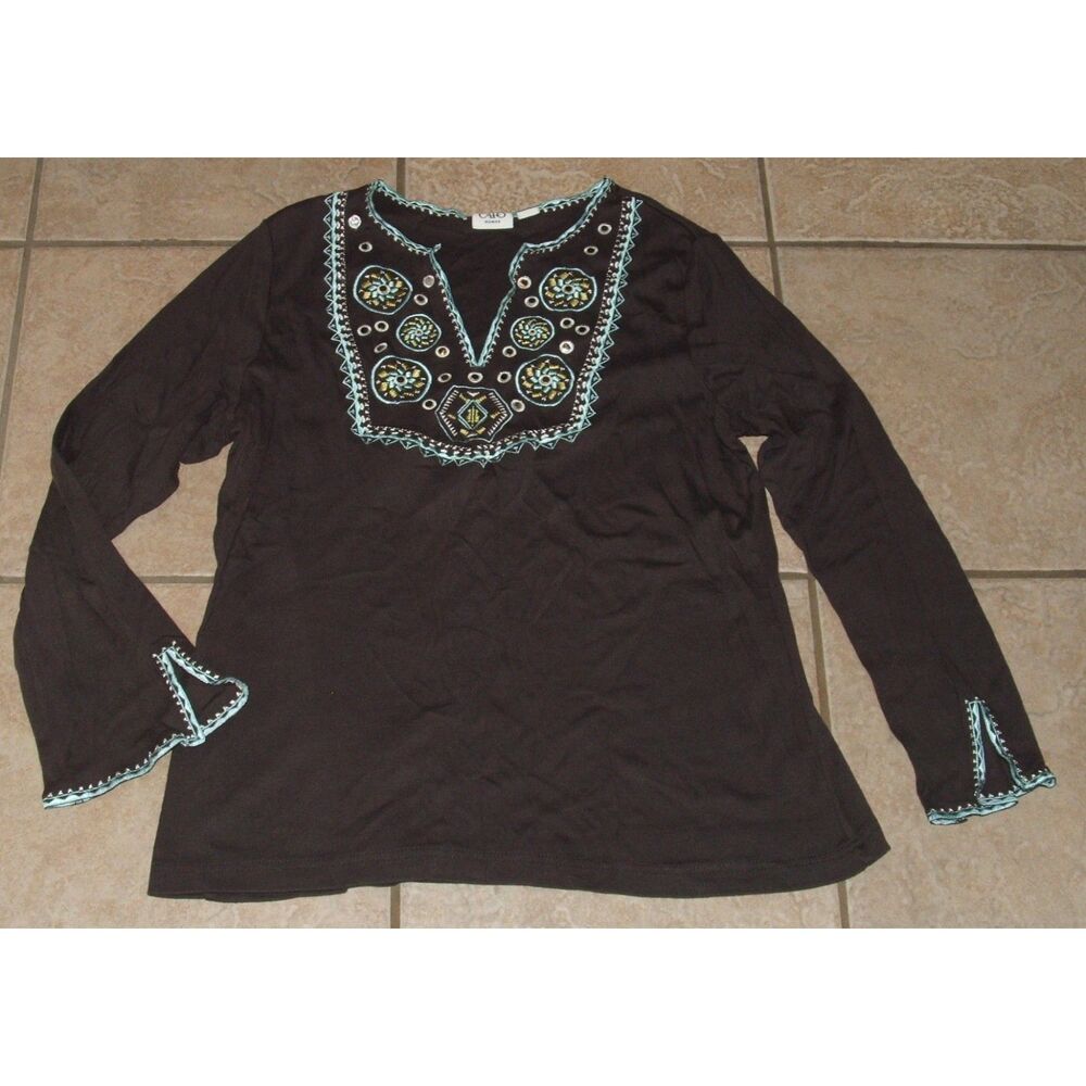 CATO Brown Plus Sz 18/20 Casual Wear Long Sleeve Stretchy Embroidered Boho Shirt